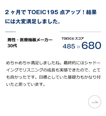 英語コーチングスクール「トライズ」TOEIC L&R対策プログラム 実績。2ヶ月でTOEIC195点アップ！