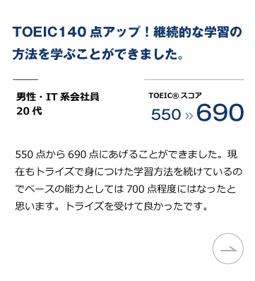 英語コーチングスクール「トライズ」TOEIC L&R対策プログラム 実績。TOEIC140点アップ！